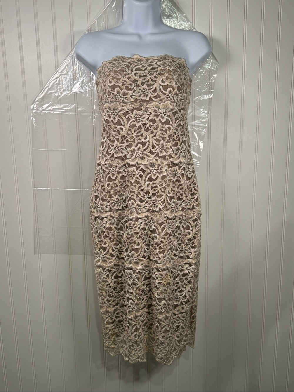 White House Black Market Strapless Beige Lace Midi Dress